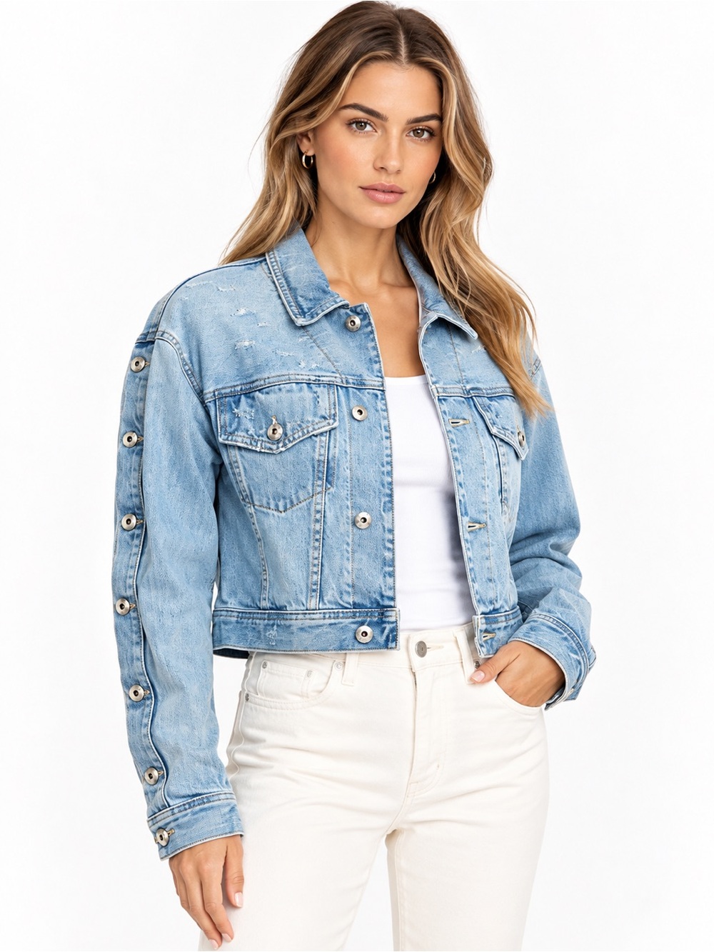 Jonathan Simkhai NWT Distressed Denim Jacket Button Sleeve XS - Picture 9 of 9